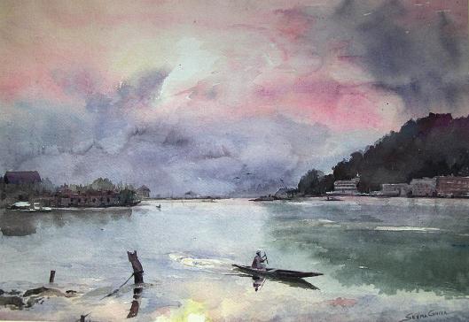 water color painting of dal lake by seema ghiya 